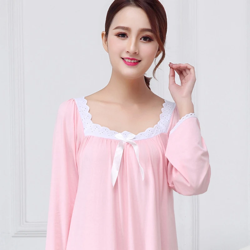 Spring Autumn Cotton Modal Nightdress Nightgown For Women Long Sleeve Loose White Princess Home Wear Sleepwear Sleepdress