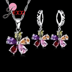 Flowers Shinning Colorful CZ Crystal Pendant Jewelry Sets Gift 925 Sterling Silver Color Necklace Dangle Hoop Earring