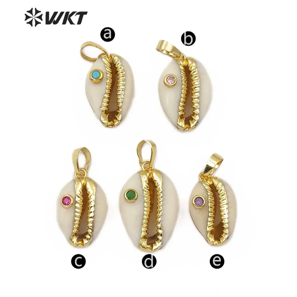 WT-JP141 Natural Cowrie Shell Pendant With CZ Bead Charm Colorful With Gold Electroplated For Sweet Necklace Making High Quality