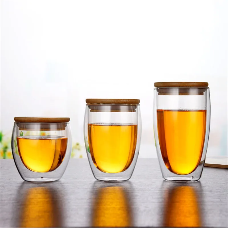 Transparent Double Wall Glass Mug With Bamboo Lid  Resistant Tea Beer Mug Milk Lemon Juice Cup Drinkware Lover Coffee Cups Mug