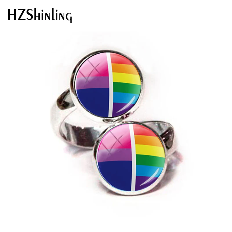 2018 New Super Pride Rainbow Adjustable Ring For Women Bi Pride Glass Cabochon Photo Rings Handmade Picture Jewelry