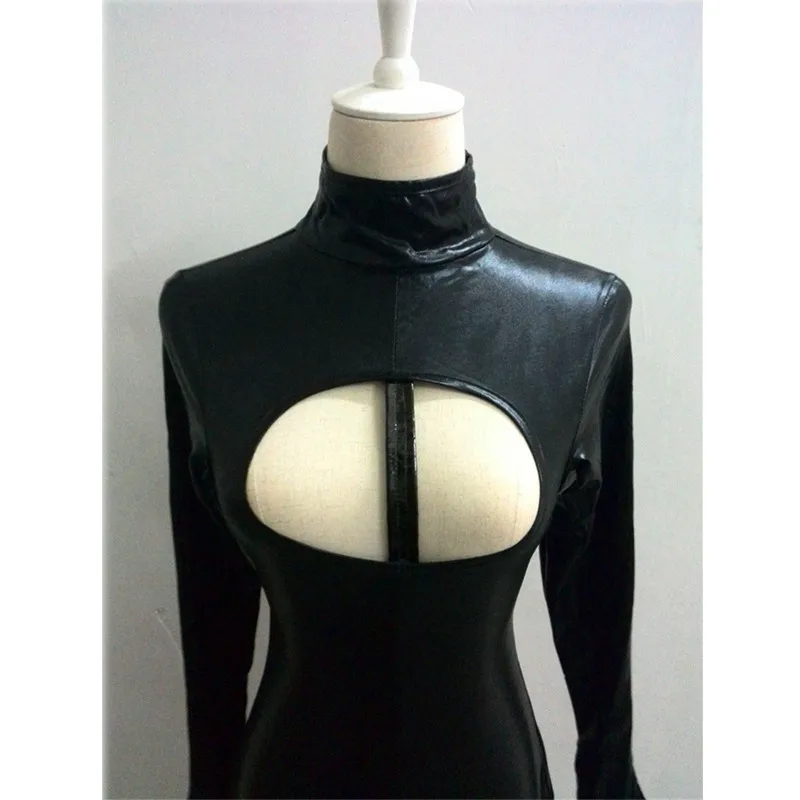 Catsuit Sexy de látex de PVC para mujer, Body de busto abierto de cuero de imitación wetlook negro, disfraz erótico caliente gay, mono de