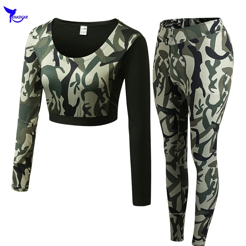 

Long Sleeve Crop Top+Tights Women 2 Pcs Yoga Set Camouflage Gym Workout Clothing Sport Suit Running Jogging Fitness Tracksuit