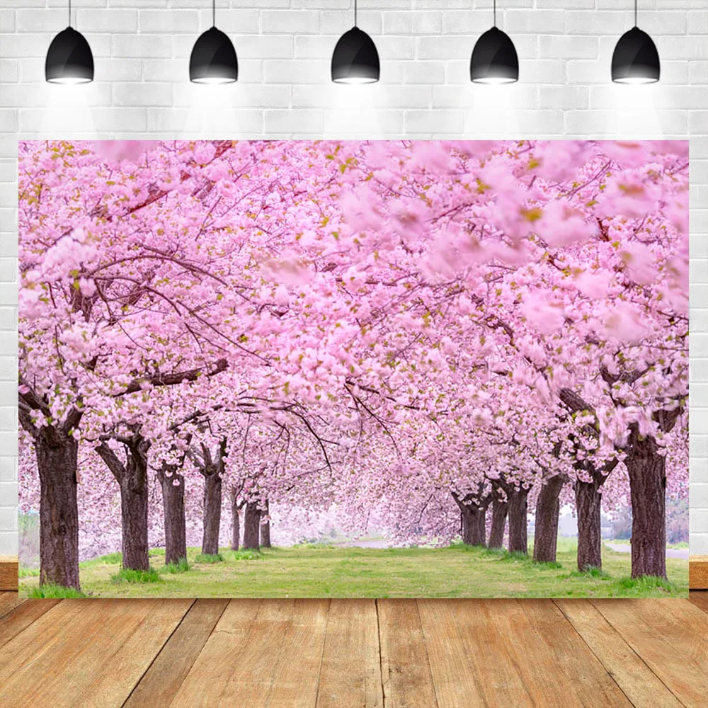  Spring Pink Cherry Blossom Forest Green Lawn Photography Backdrops For Photo Studio Newborn Baby Background Photography