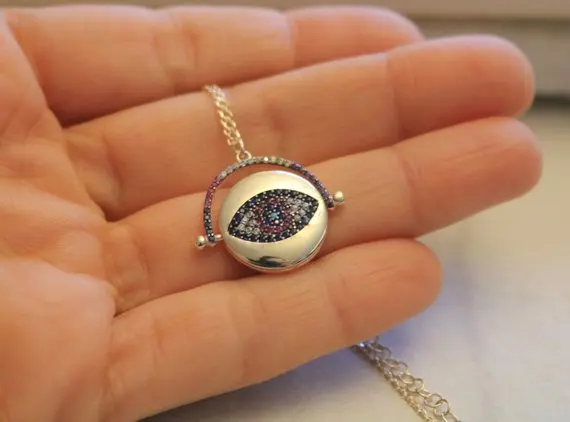 moving charm Gold Sequins Necklace Disco Layers,Boho engraved cz eye Necklace, Beach Jewelry