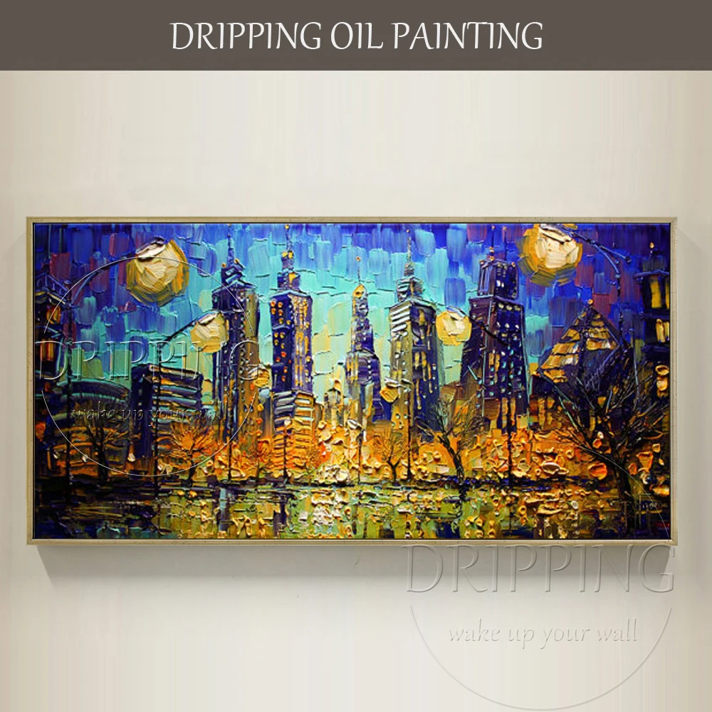 Painter Hand-painted High Quality Abstract Chicago Night Cityscape Oil Painting on Canvas Chicago Skyscrapers Oil Painting