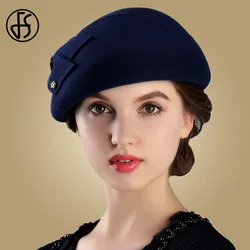 FS French Berets Caps For Women Fashion 100% Wool Felt Fedora Hat Winter Blue Purple Red Church Female Fleece Cloche Hats