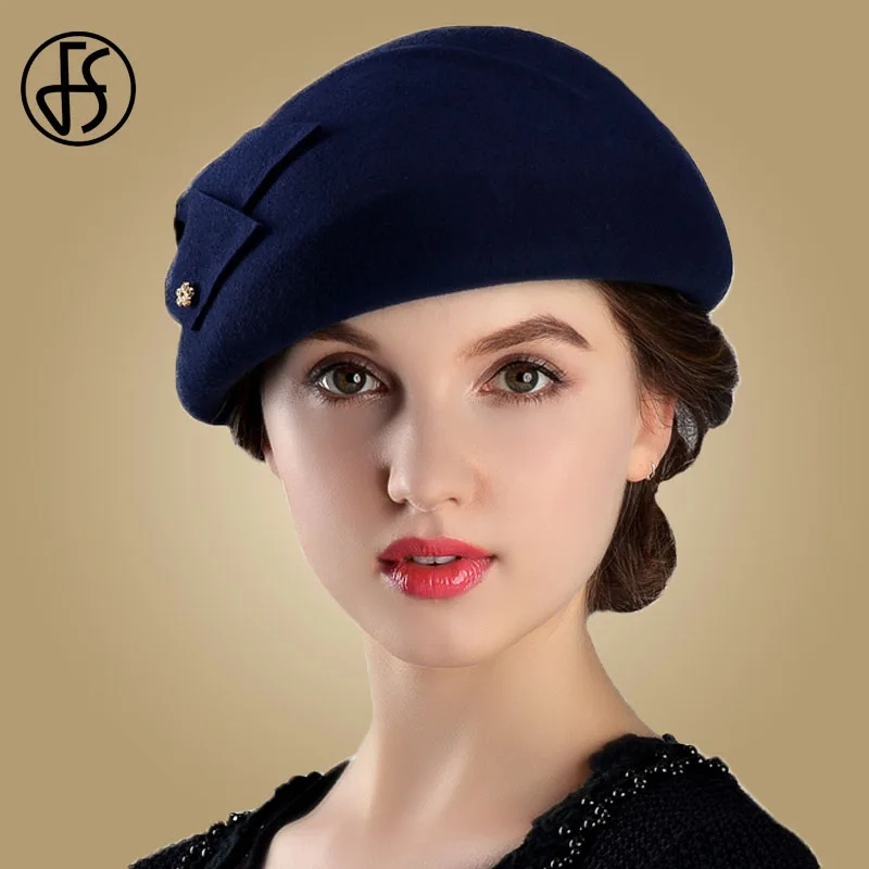 FS Francuskie berety Czapki dla kobiet Moda 100% Wełna Filc Fedora Kapelusz Zimowy Niebieski Fioletowy Czerwony Kościół Kobieta Vintage Czapki Cloche