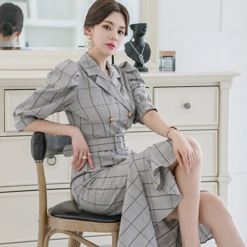 Plus Size Work Office Midi Dress Women Half Sleeve Notched Print Plaid Blazer Dress Women Double Button Summer Dress 2019 Robe