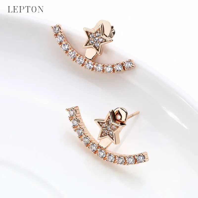 

New Arrival Crystal Earrings Ear Jacket Lepton Gold Color Plated Earings Stainless Steel Earring Stud Earrings For Women Jewelry