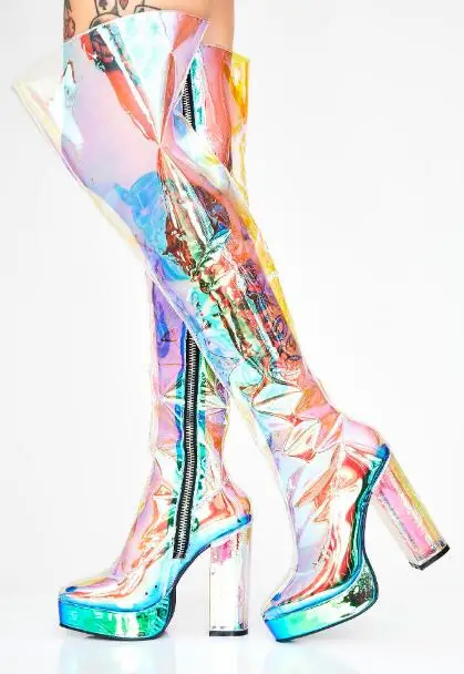 Woman Plus Size Transparent PVC Rock Punk Style Round Toe Square Heel Radium Over The Knee Thigh Stage Show Long Platform Boots