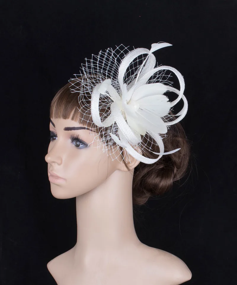 Ladies Wedding Church Party Hairpin Feather Flowers Fascinators With Veils Adorn Headwear Occasion Hair Accessories MYQ090