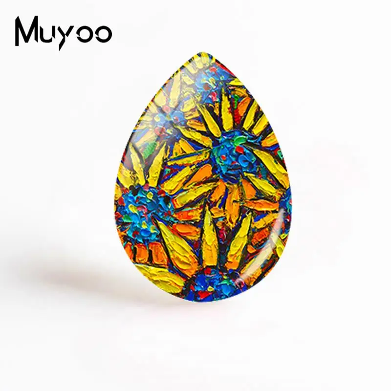 2018 New Sunflower Painting Jewelry Yellow Flowers Tear Drop Glass Cabochon Hand Craft Cabochons Gifts Women