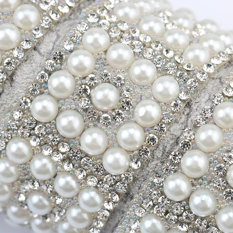 QIAO 1 Yard/lot ABS Round Pearl Beads Trim rhinestone Decoration Strass Ribbon Crystal Appliques for Clothes Shoes Making