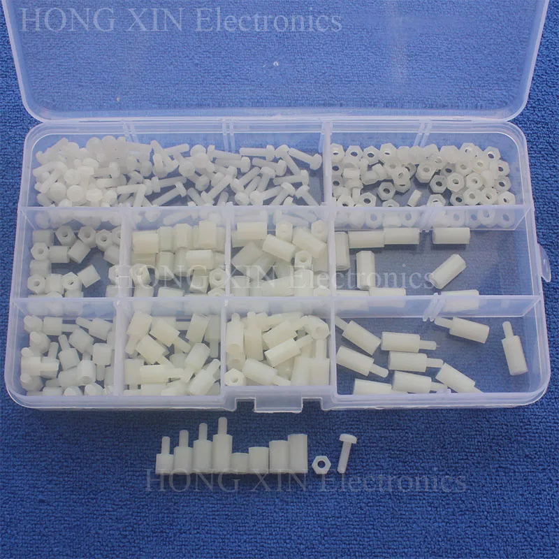 

White Nylon M3 M-F/F-F Hex Column Standoff Support Spacer Screw Nut 300 in 1 Assortment Kit set With Plastic Box Varied Length