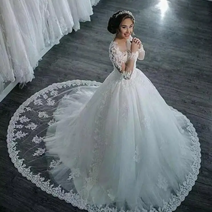 Elegante vestido De novia De manga larga, tul con apliques De cuentas, Princesa, De encaje, para boda, 2019