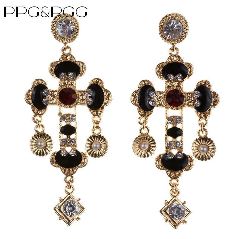 2024 New za Vintage Black Elegant Big Cross Long Earrings Women Bohemian Gorgeous Baroque Statement Drop Earrings Jewelry