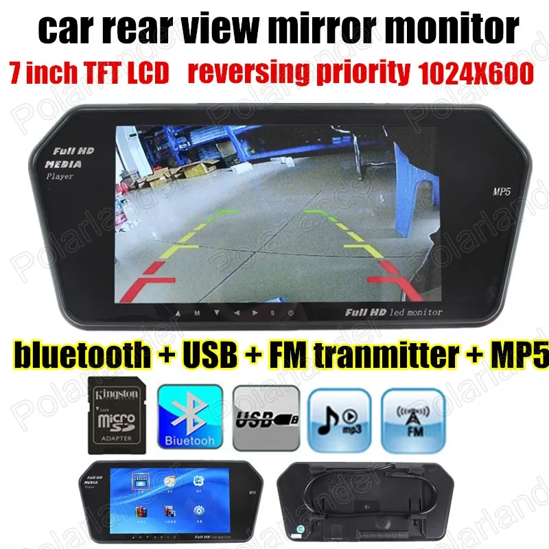 TF USB Bluetooth FM transmitter MP5 7 inch Color TFT LCD 1024x600 Car reverse  Mirror Monitor Parking Monitor reversing priority