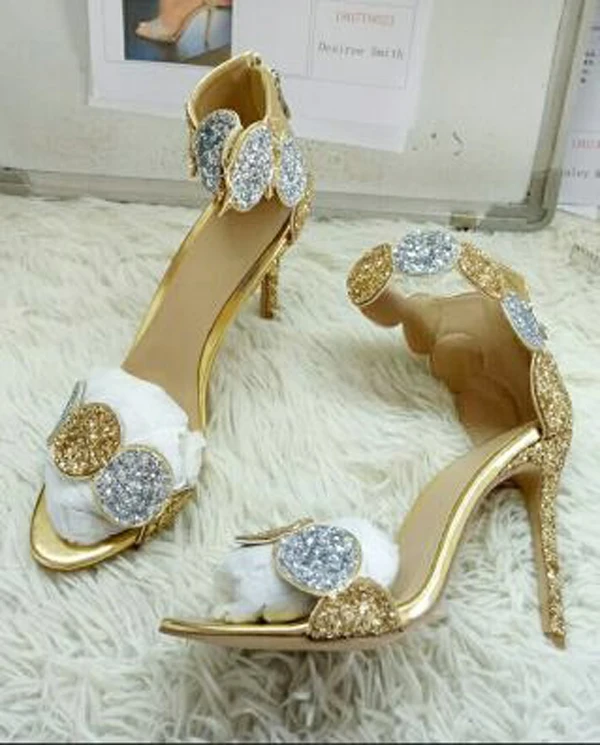 Bling Bling Gold Silver Circular Straps High Heel Pumps Summer Sexy Round Sequins Open Toe Woman Ankle Strap Gladiator Sandals