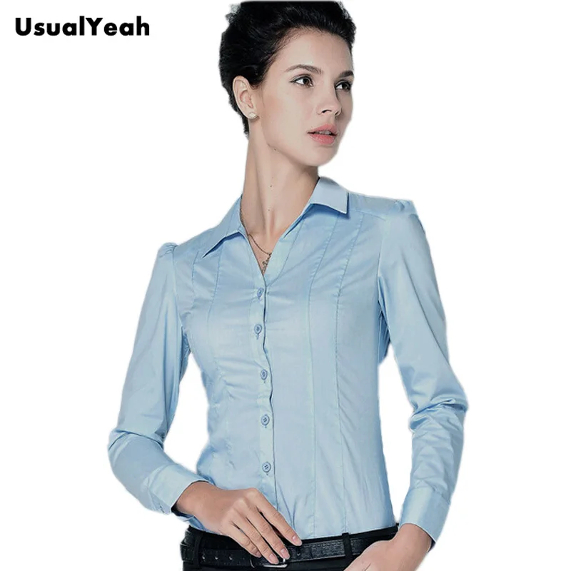 New Fashion Women Casual Body Shirts Blouses Long sleeve V-neck Button office blusa feminina white blue S M L XL SY0247
