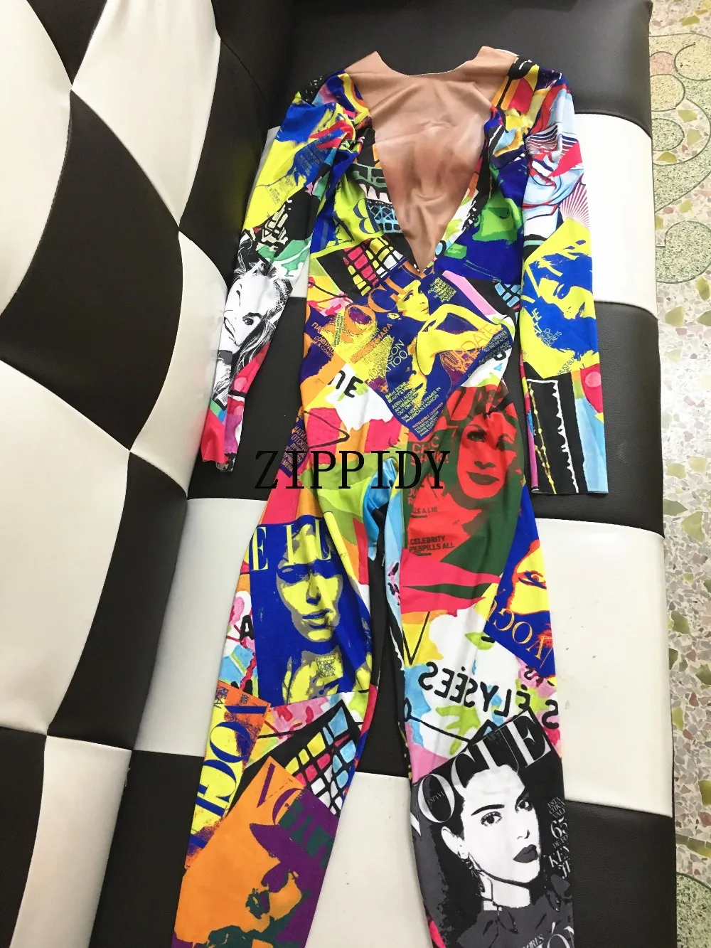 Colorful Printed Jumpsuit Long Sleeves Stretch Bodysuit Women's Party Dance Wear Nightclub Female Singer DS Show Sexy Stage Wear