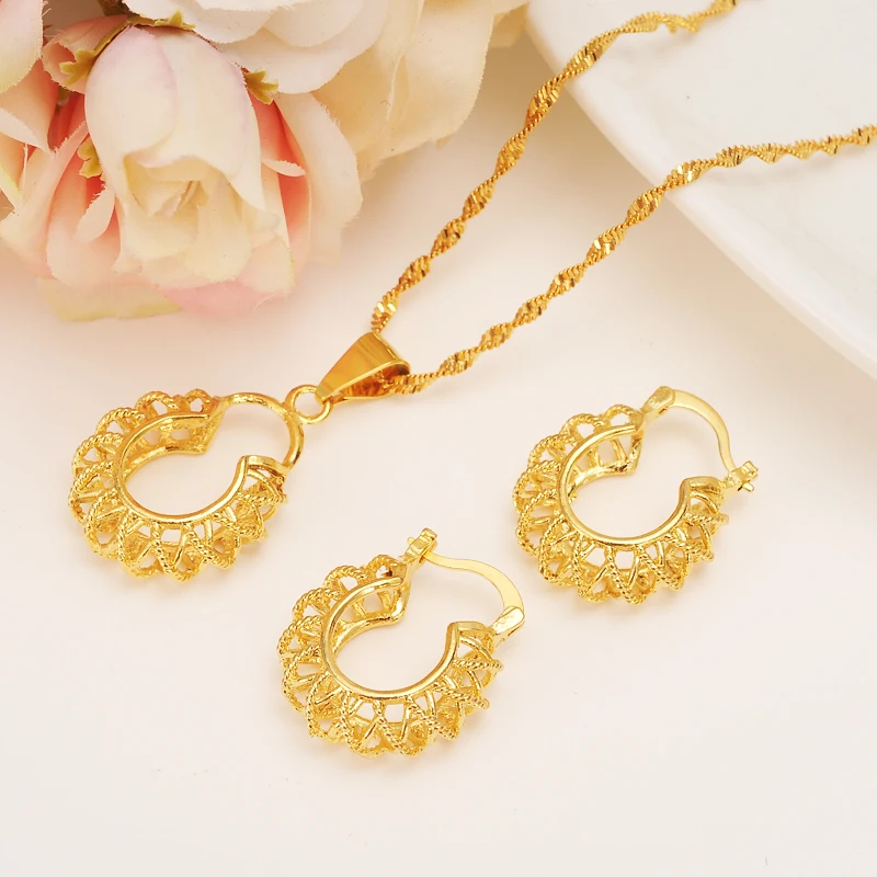 Bangrui Ethiopian Gold Color set Jewelry Pendant Chain Earrings African Bride Wedding Flower Bijoux