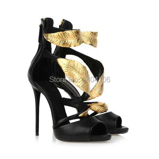 

Zapatos Mujer Gold Leaf High Heeled Sandals Summer Shoes Woman Black White Peep Toe Party Pumps Platform Gladiator Sandalias