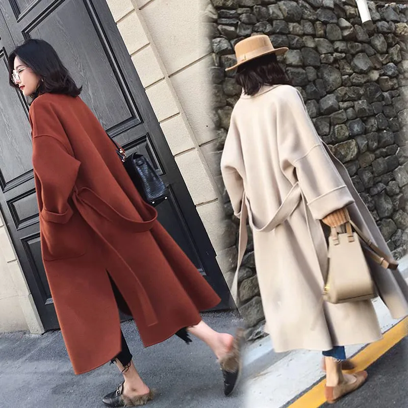 

Autumn winter woolen coat women Loose Large size wool coats female Belt slim long Basic coats Both sides of the slit jacket N332