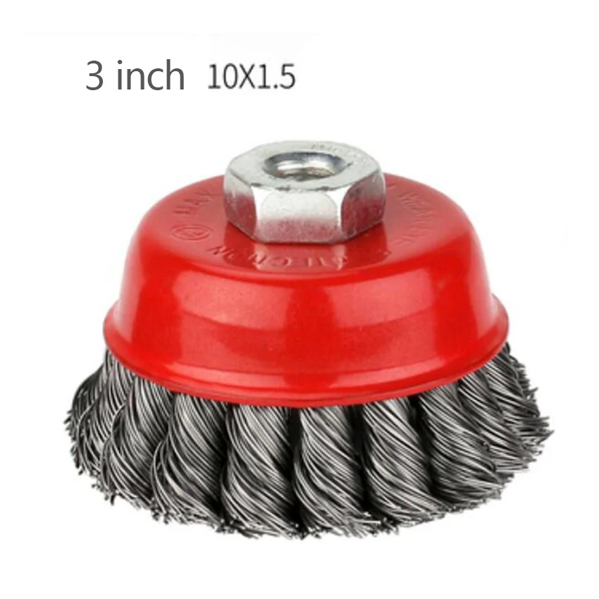 Brosse de roue en fil d'acier torsadé de 3 pouces en forme de bol avec écrou M14 * 2/10*1.5