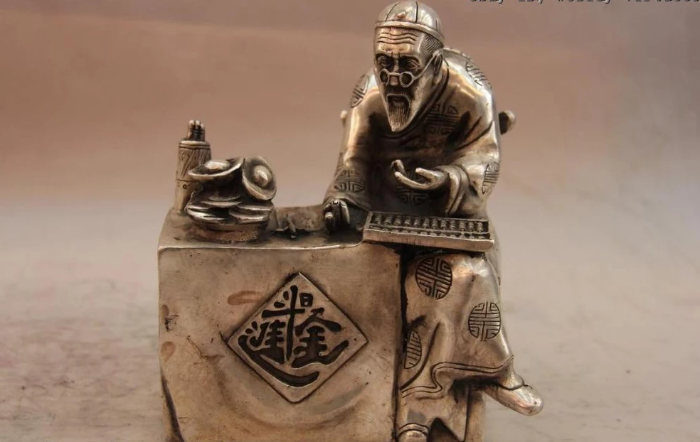 China Folk White Copper Silver Yuan Bao Gold Wealth Money Old Man Art Statue