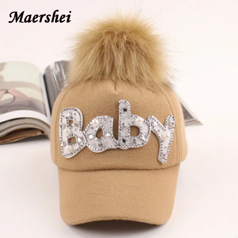 Baseball Cap Boys Girls solid snapback Caps Child Hip Hop  Wool fur hair ball kids Winter Hat