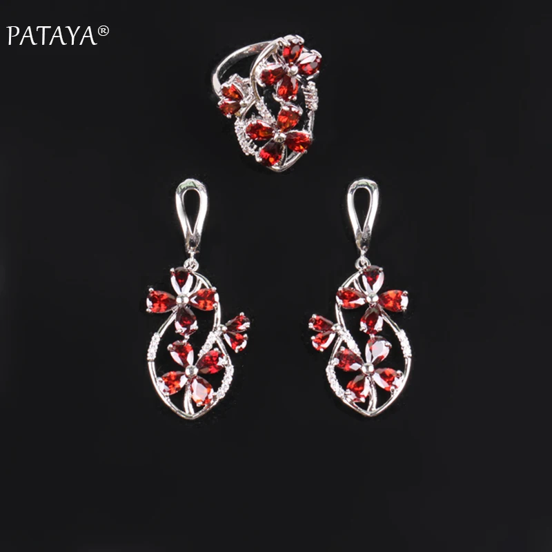 PATAYA New Light Blue Flowers True White Gold Color Jewelry Sets Natural Zirconia Ring Long Earring Set Women Romantic Jewelry