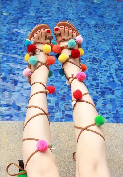 2017 fashion ethnic shoes Tie up gladiator sandals mixed color vintage court shoes tassel stones spring summber women flat shoes