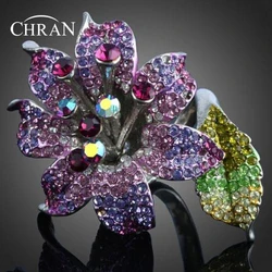 Chran Fashion Costume Luxury Purple Crystal Flower Ring for Women Elegant Engagement Jewelry Accessory