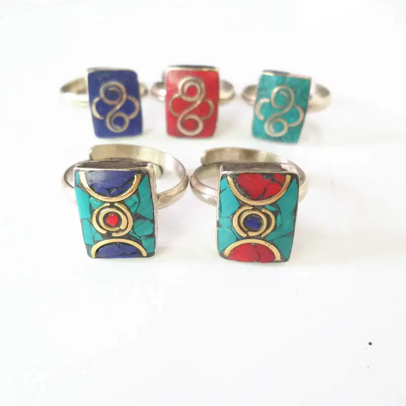 Mix 5PCS Nepal Vintage Lovely Square Stamp Rings Adjustable Ring for Lady R251