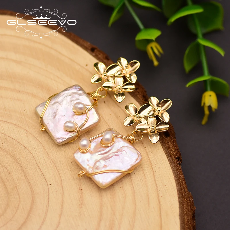 Natural Baroque Square Pearl Earrings Original Design Handmade Flower Drop Earrings for Women Fine Jewelry GE0754
