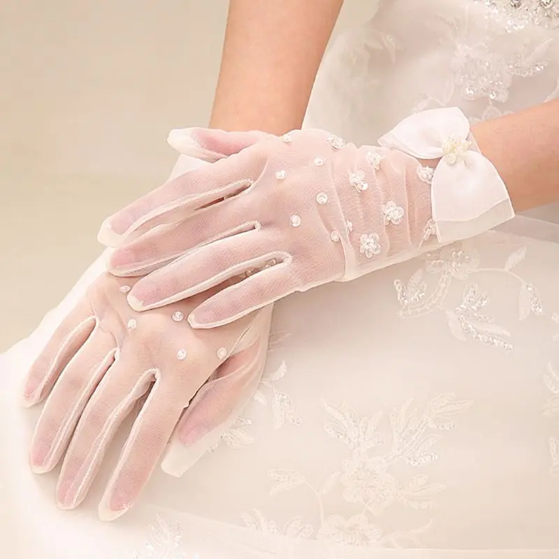 Simple Short Spring Summer Mesh Thin Section Gloves Artificial Pearl Bow New Wedding Dress Bride Glove