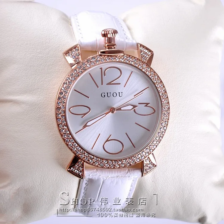 GUOU purple rose gold women luxury brand full rhinestone watch ladies genuine leather band quartz watch women famous wristwatch