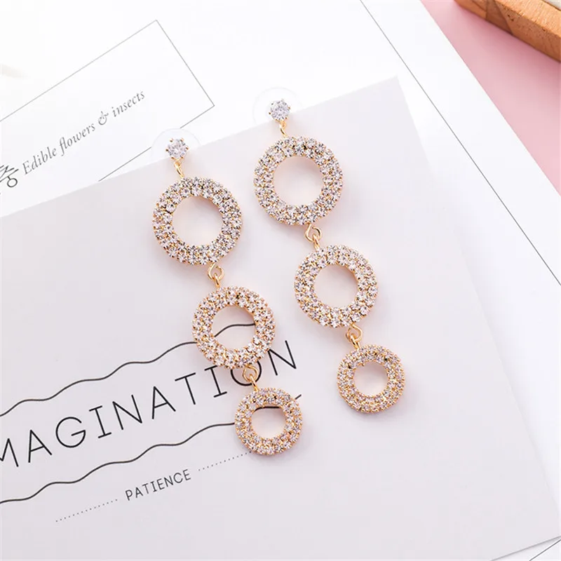 LUBOV Shining Crystal Rhinestone 3 Round Hoops Pendant Dangle Earrings Geometric Round Circle Drop Earrings Women Jewelry Gift