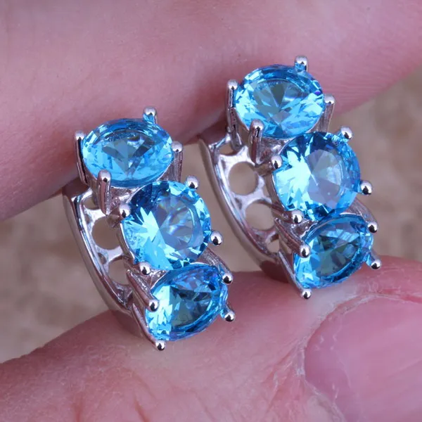 Adorable Swiss Blue Cubic Zirconia Silver Plated Huggie Hoop Earrings S0229