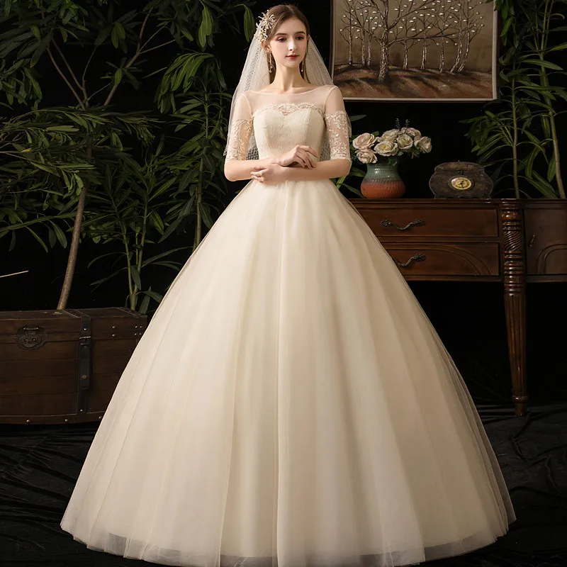 2024 New Off White O Neck Half Sleeve Simple Wedding Dress Lace Flower Illusion Floor Length Slim Bridal Gown Vestido Customized