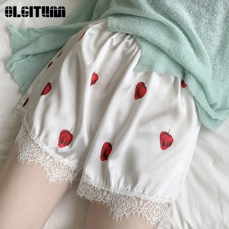 

New 2020 Hot Summer Women Lace Bottom Shorts Strawberry Pineapple Shorts Loose Soft Elastic Waist Home Short Pants Female