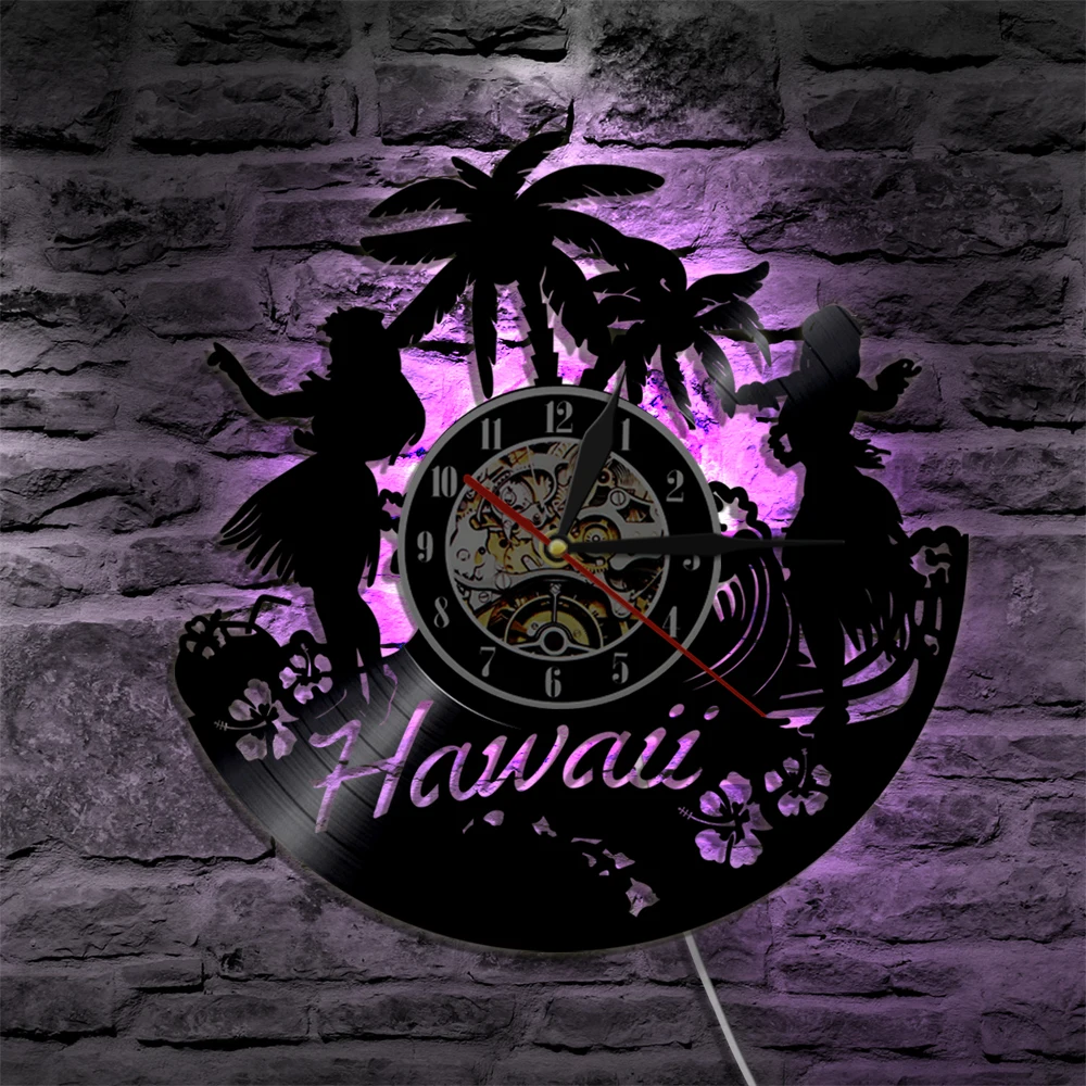 Hawaii State LED Vinyl Clock Light Color Change Wall Light Remote Control LP Modern Backlight Cool Living Room Interior