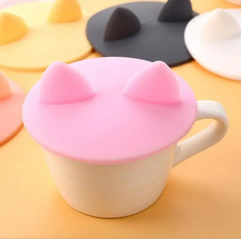 Cute cartoons cat ear shaped cup cover food grade heat-resistant leakproof silicones coffee mug lid LX7264