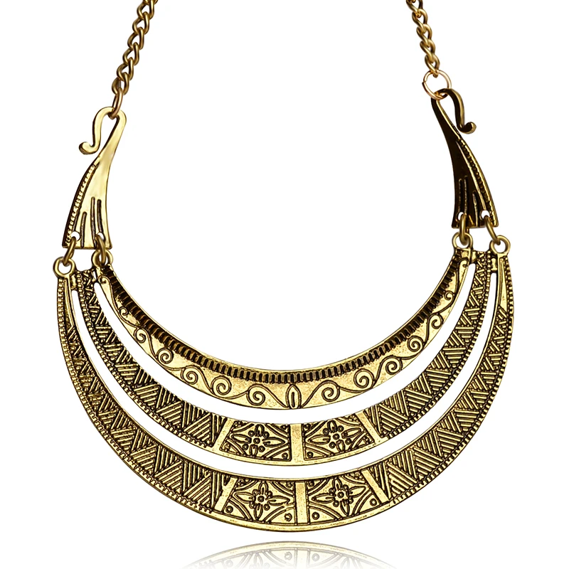 Vintage Bohemian Ethnic 3 Layers Torques Necklace Golden Plating Maxi Multilayer Retro Charm Choker Necklace For Women