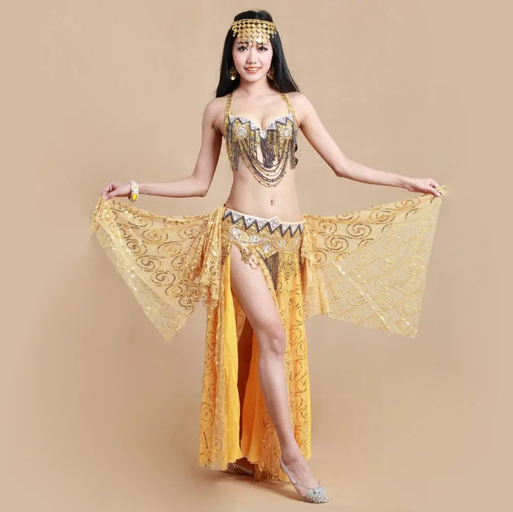 2019 Women Dance Clothes Oriental Style Outfit Beaded Belly Dance Costume Set Bra Belt Skirt Sequins Long Skirts