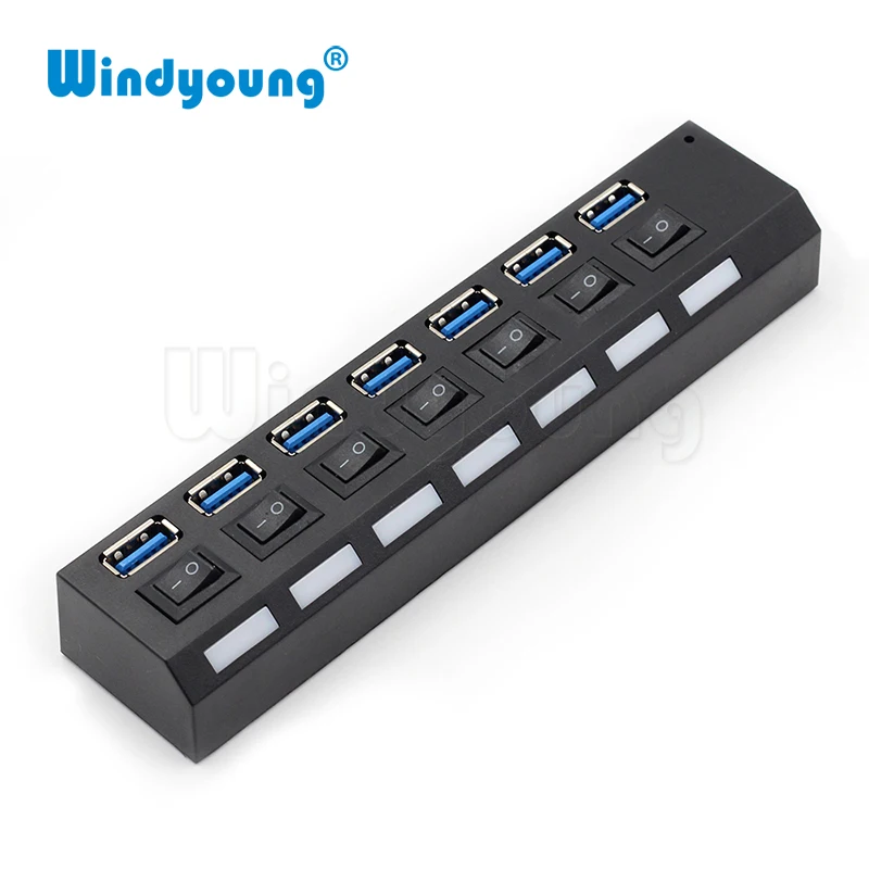 Windyoung ฮับ USB 3.0ความเร็วสูง7พอร์ต USB 3.0 Hub พร้อม EUPower Adapter Multi USB Splitter On/Off สำหรับแล็ปท็อป MacBook PC