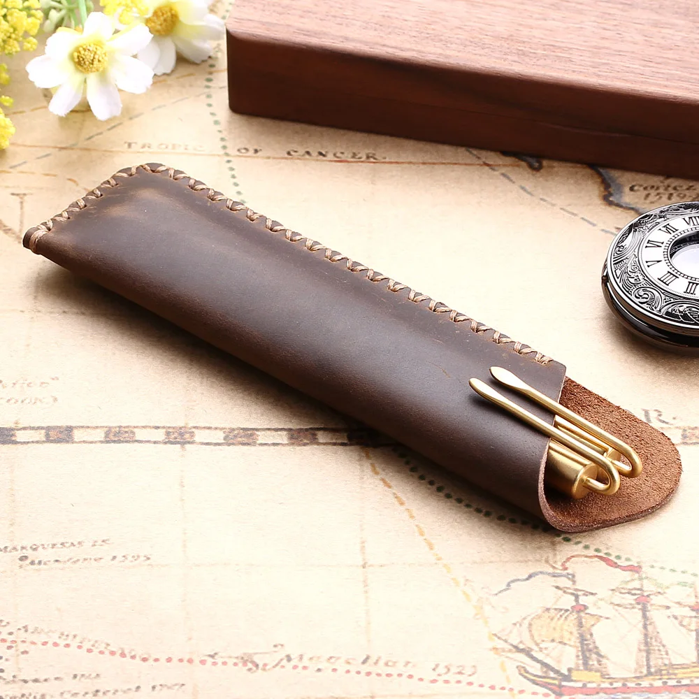 Genuine Leather Pencil Pouch Holder Double Pen Bag Sleeve For Fountain/Ballpoint Pen