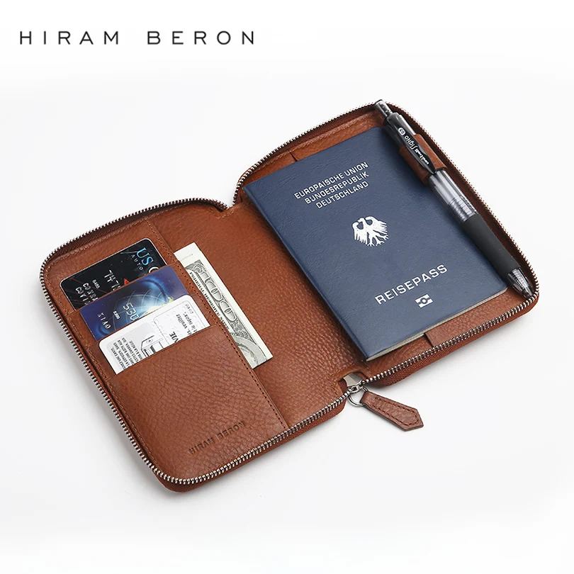 Hiram Beron Gift Passport Holder Cover Large Capacity RFID Blocking Zipper Genuine Wallet Gift for Friend Family