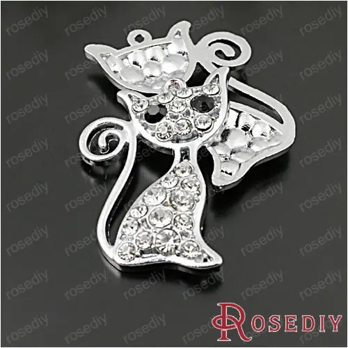 Wholesale 40*26mm Chrome Plated Beautiful Prehensile Tail Cat Alloy Charms Pendants with Full White Rhinestones 10 pcs(JM5800)